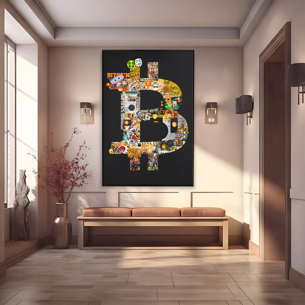 Tablou canvas cu tablou canvas cu simbolul bitcoin din colaje, in rama de aluminiu negru